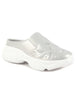 Women Silver Leaf Print Embroidery Design Back Open Slip On Mules Shoes