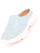 Women Sky Blue Leaf Print Embroidery Design Back Open Slip On Mules Shoes
