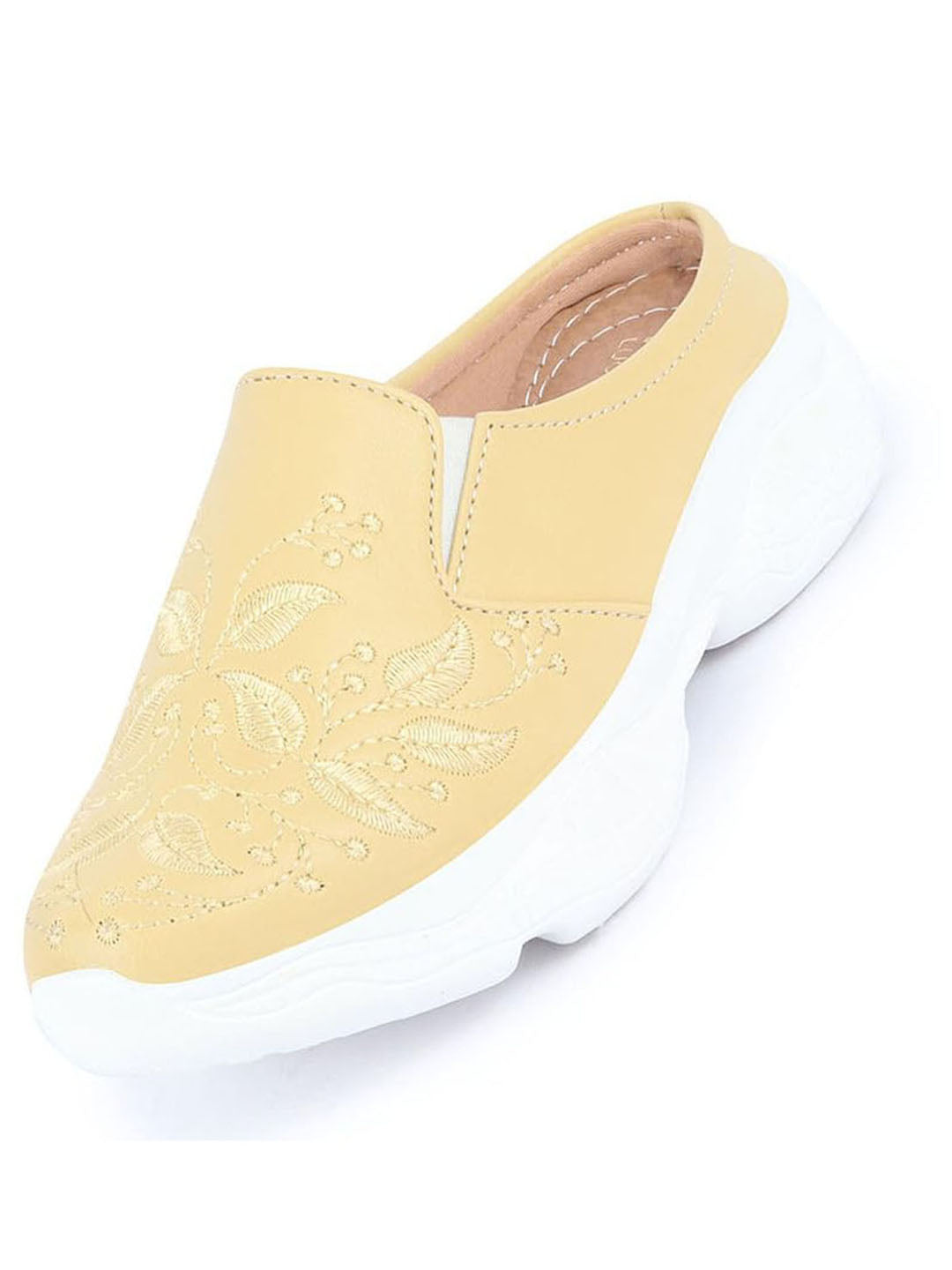 Shop Women Yellow Leaf Print Embroidery Design Back Open Slip On Mules Shoes Online.