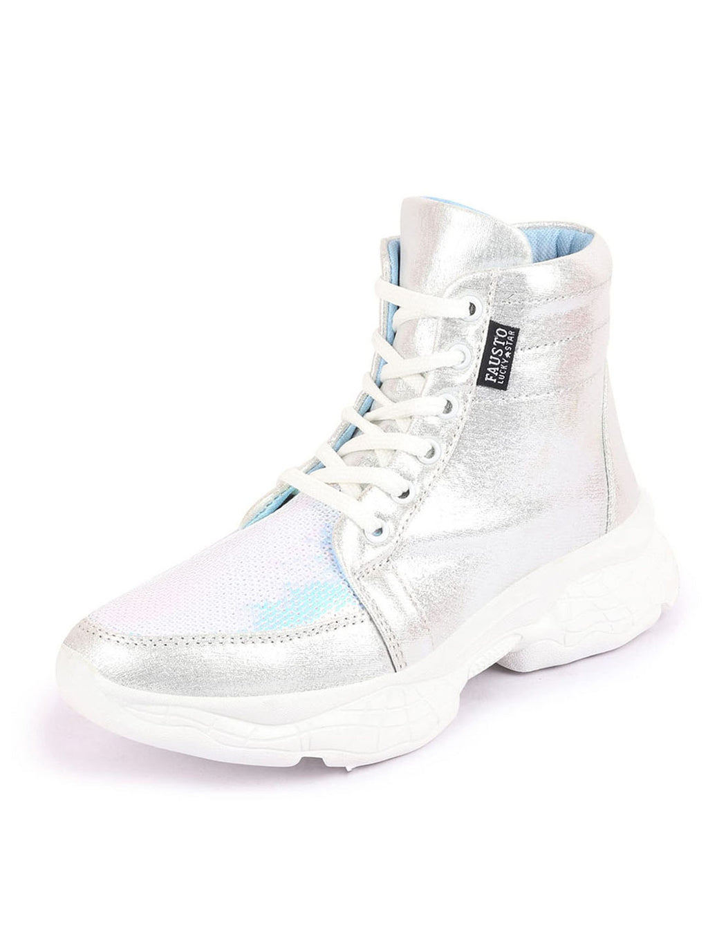 Shop Women Silver High Ankle Lace Up Embellished Sneakers Online.