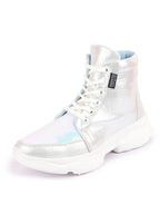 Shop Women Silver High Ankle Lace Up Embellished Sneakers Online.