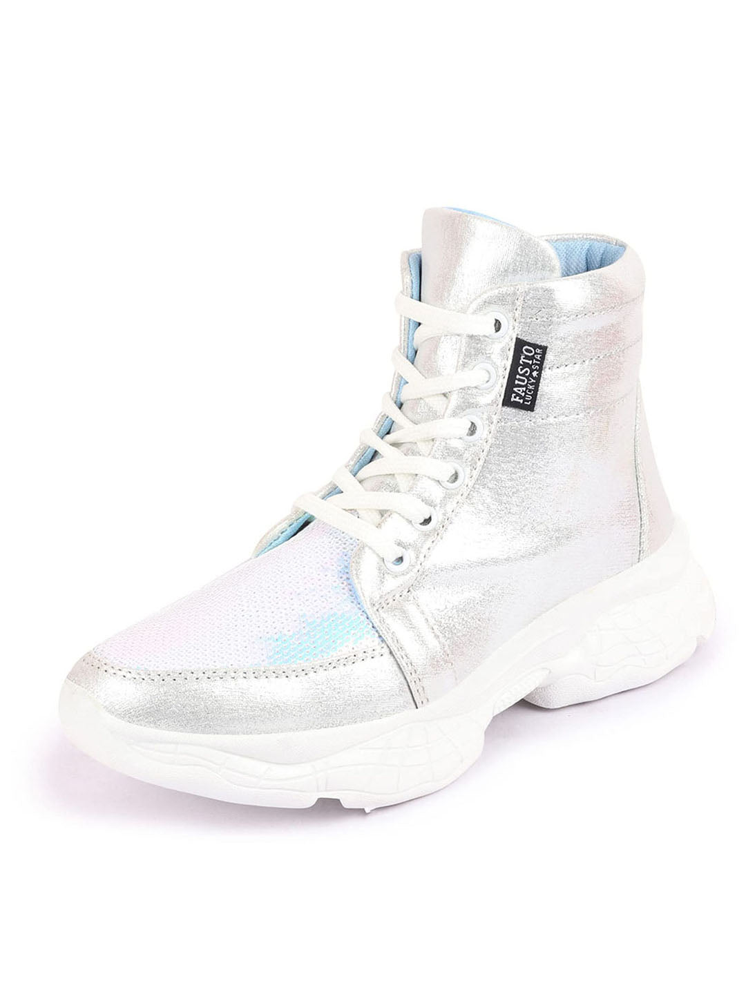 Shop Women Silver High Ankle Lace Up Embellished Sneakers Online.