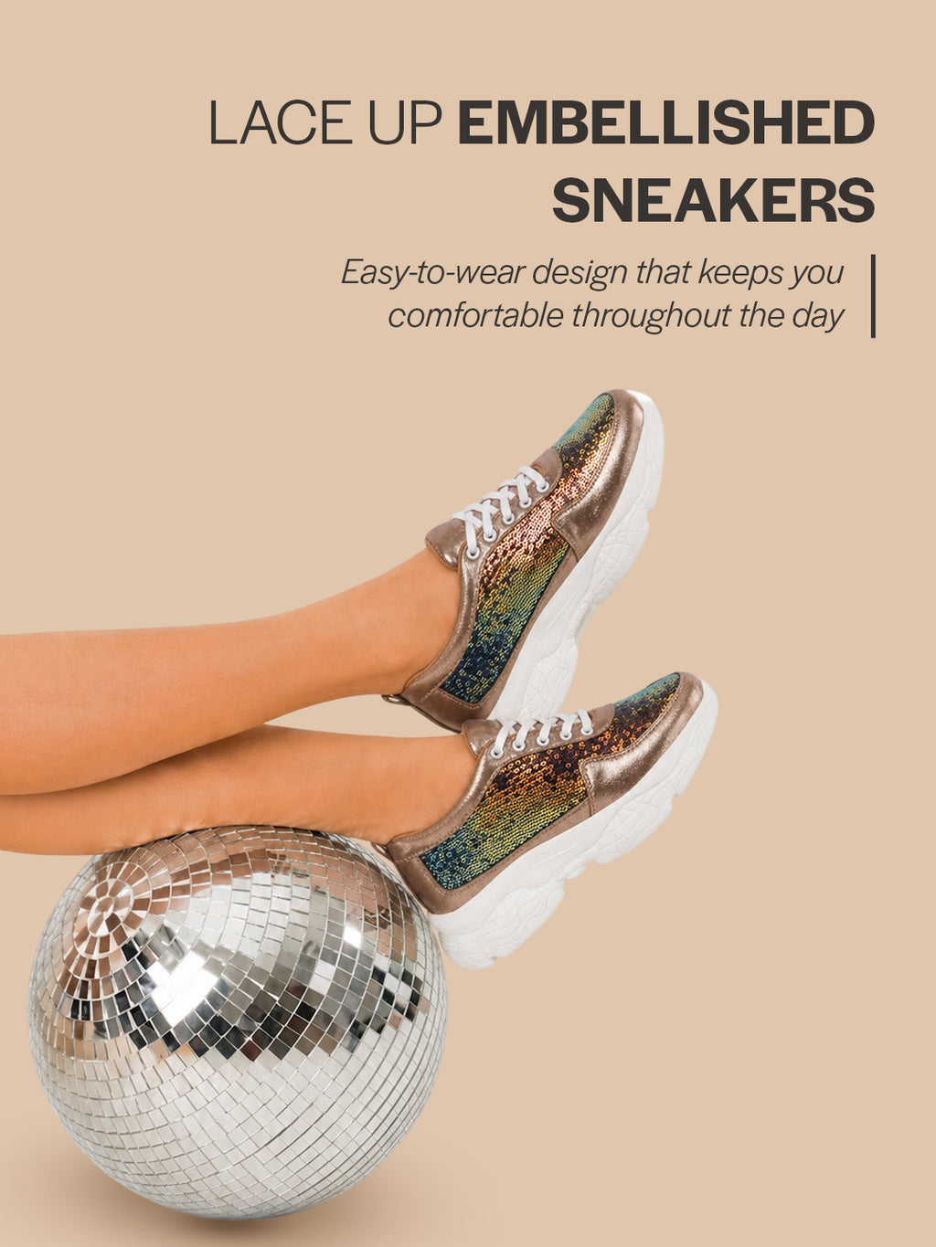 Women Golden Stylish Lace Up Embellished Sneakers