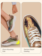 Women Golden Stylish Lace Up Embellished Sneakers