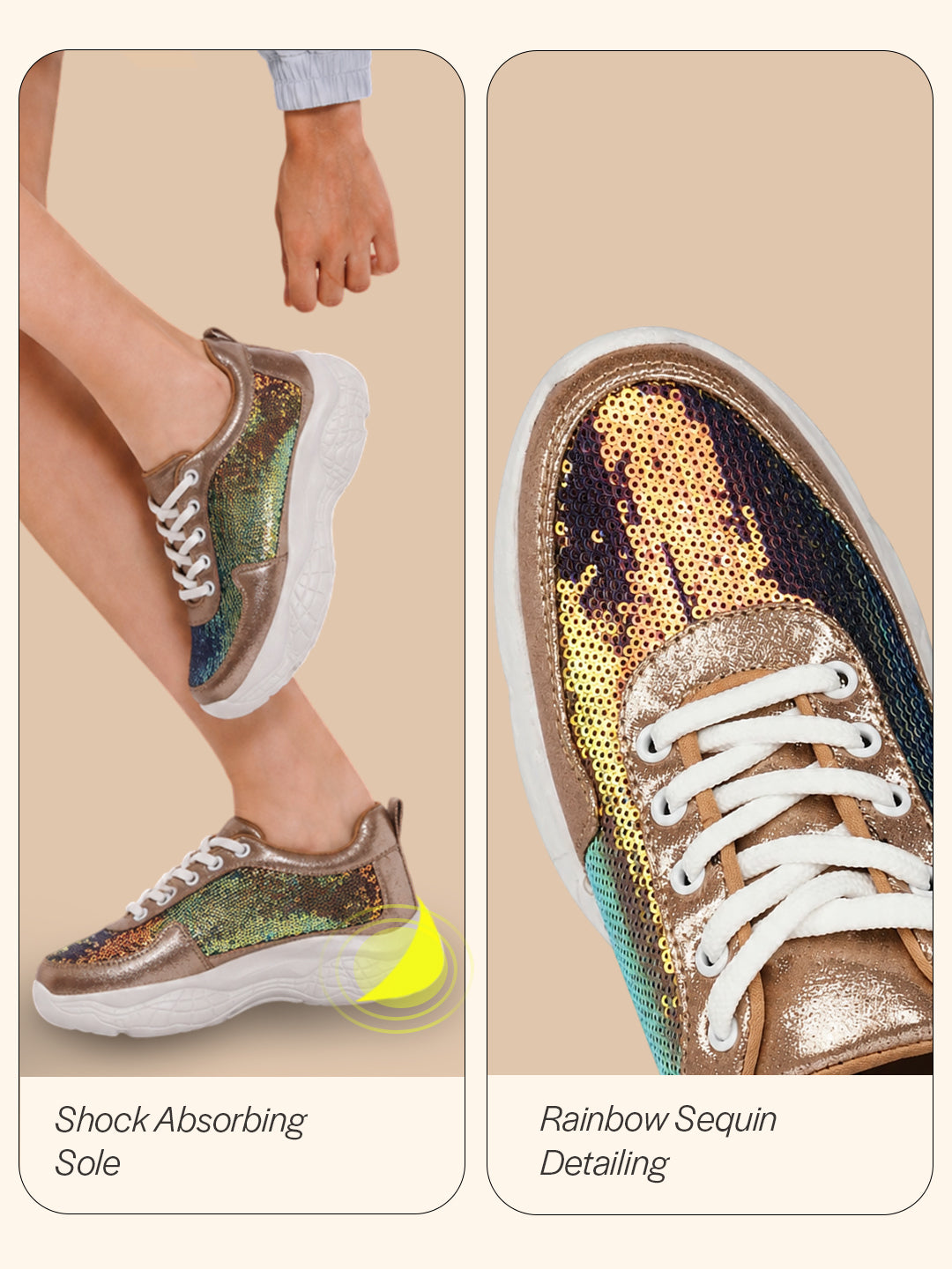 Women Golden Stylish Lace Up Embellished Sneakers