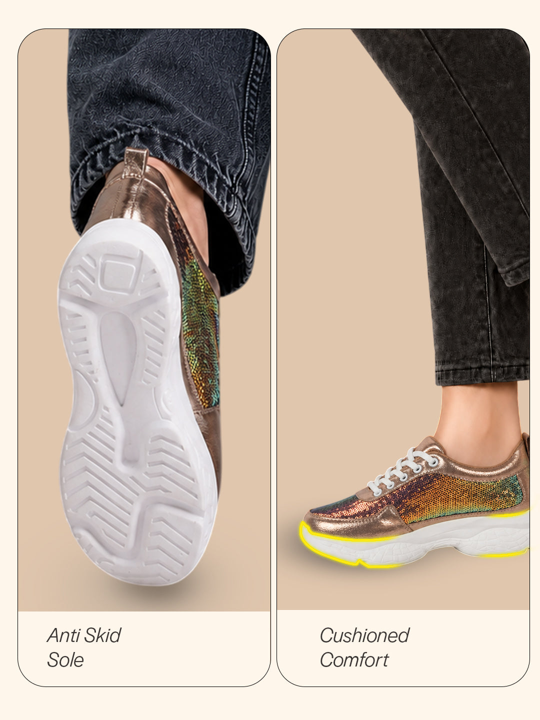 Women Golden Stylish Lace Up Embellished Sneakers