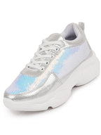Shop Women Silver Stylish Lace Up Embellished Sneakers Online.
