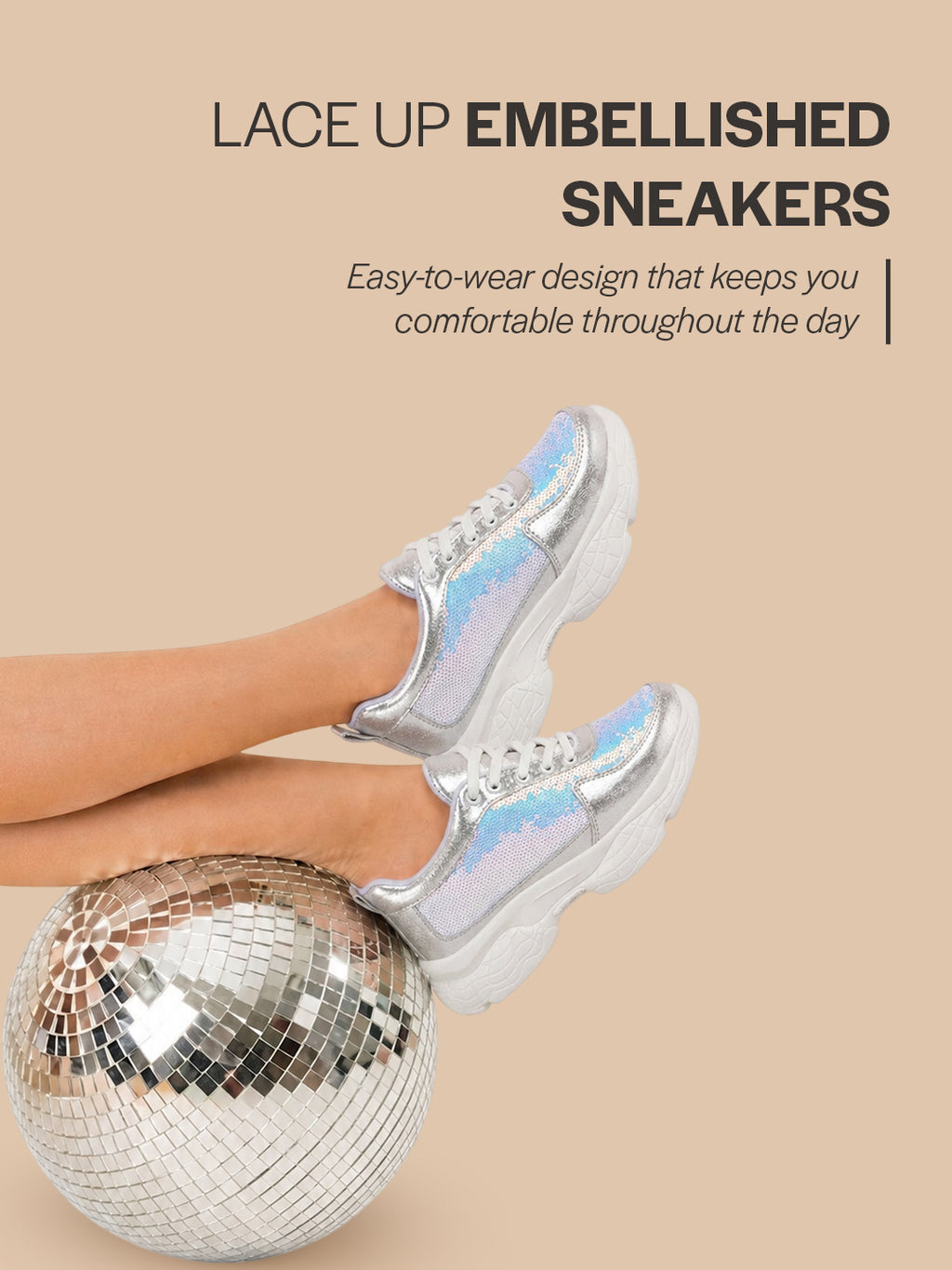 Women Silver Stylish Lace Up Embellished Sneakers