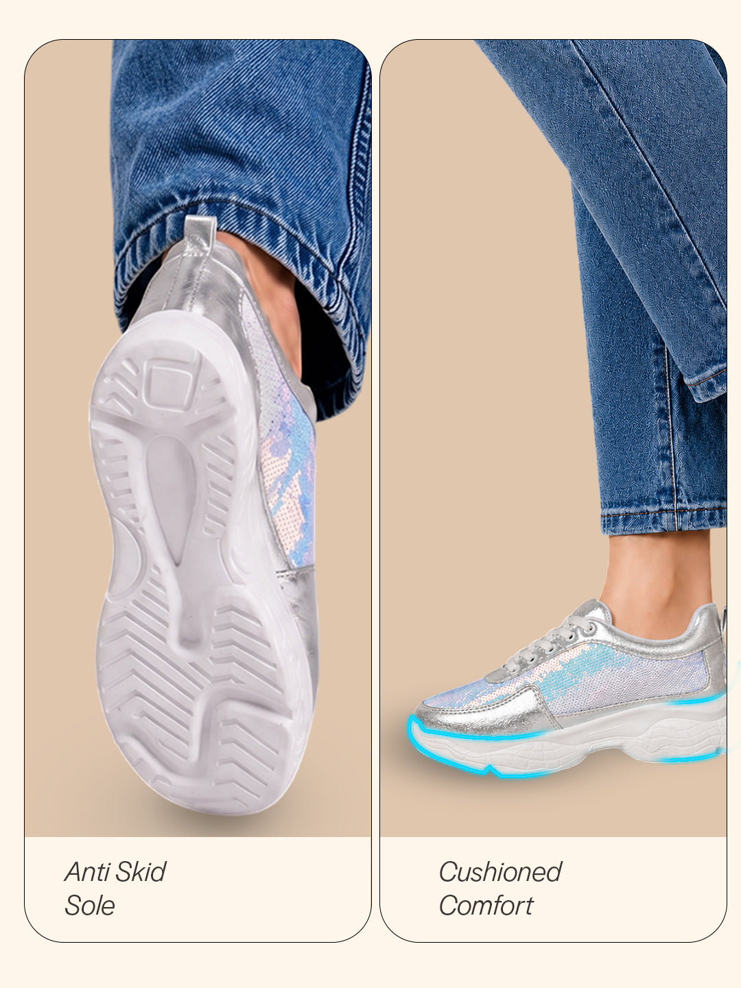 Women Silver Stylish Lace Up Embellished Sneakers