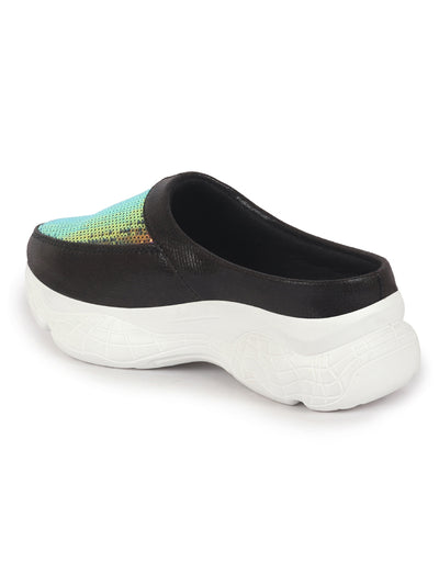 Women Black Back Open Embellished Slip On Mules