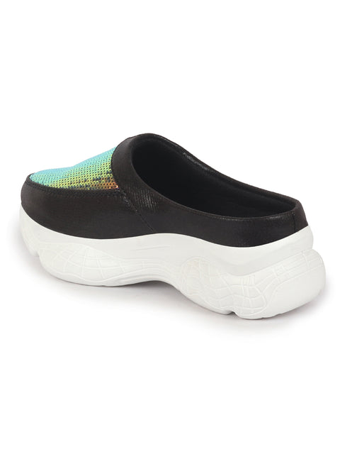 Women Black Back Open Embellished Slip On Mules