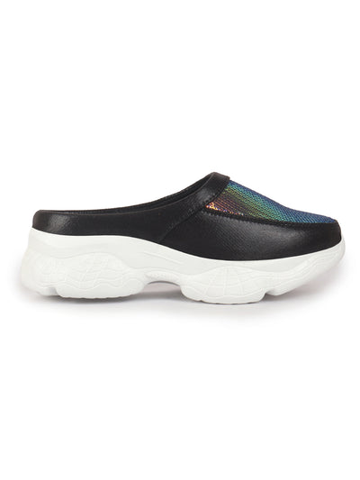 Women Black Back Open Embellished Slip On Mules