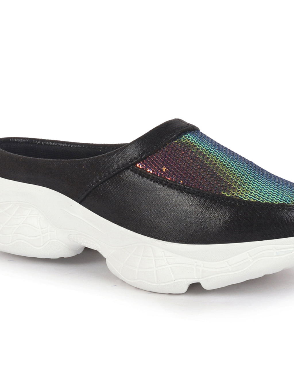 Women Black Back Open Embellished Slip On Mules