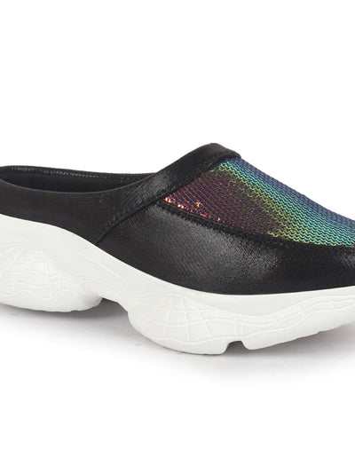 Women Black Back Open Embellished Slip On Mules