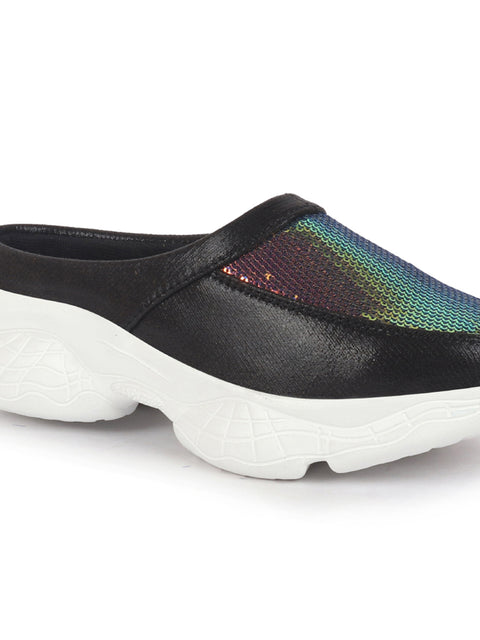 Women Black Back Open Embellished Slip On Mules