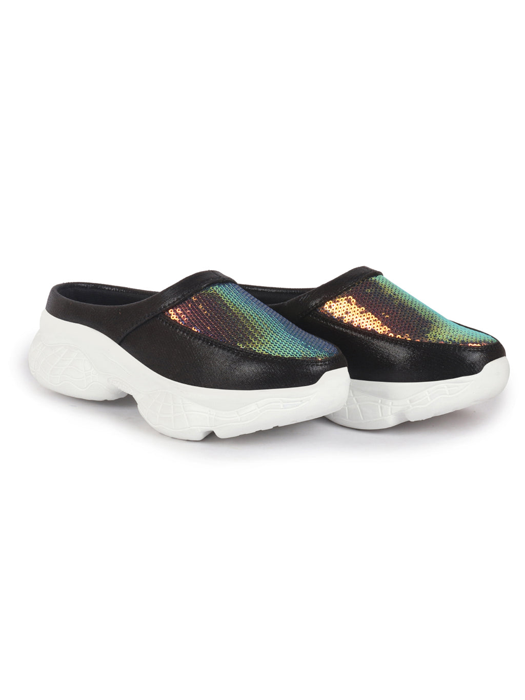 Women Black Back Open Embellished Slip On Mules