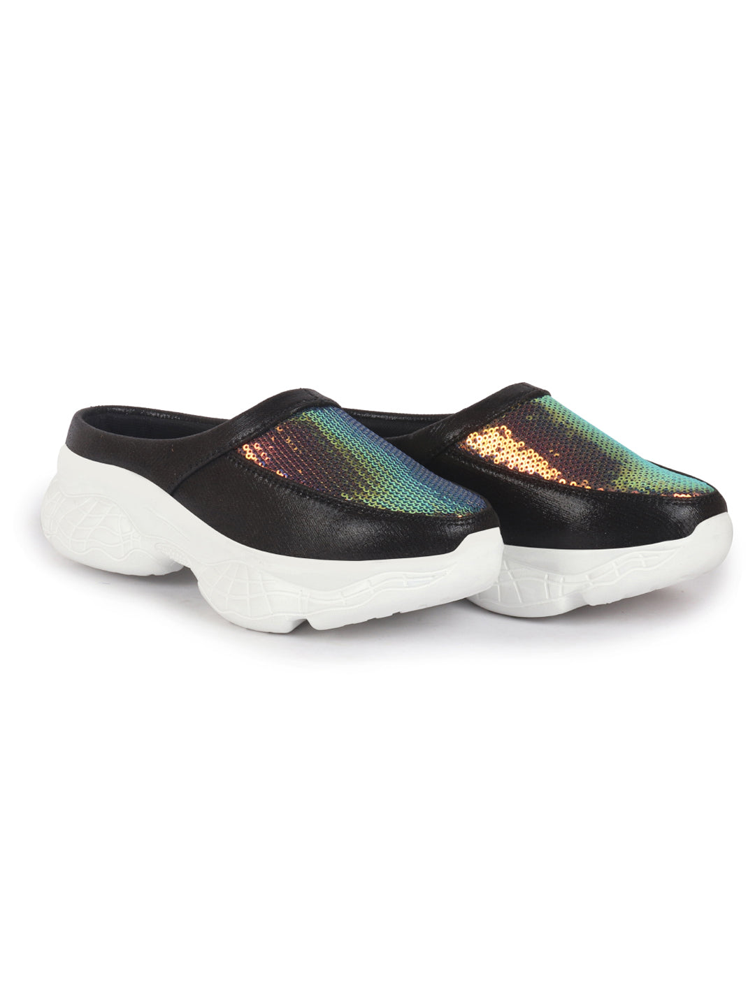 Women Black Back Open Embellished Slip On Mules
