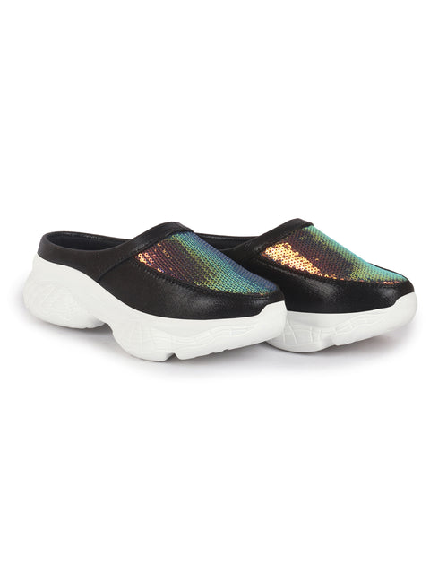 Women Black Back Open Embellished Slip On Mules
