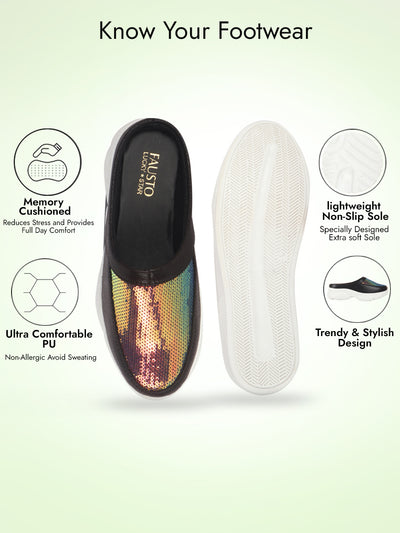 Women Black Back Open Embellished Slip On Mules