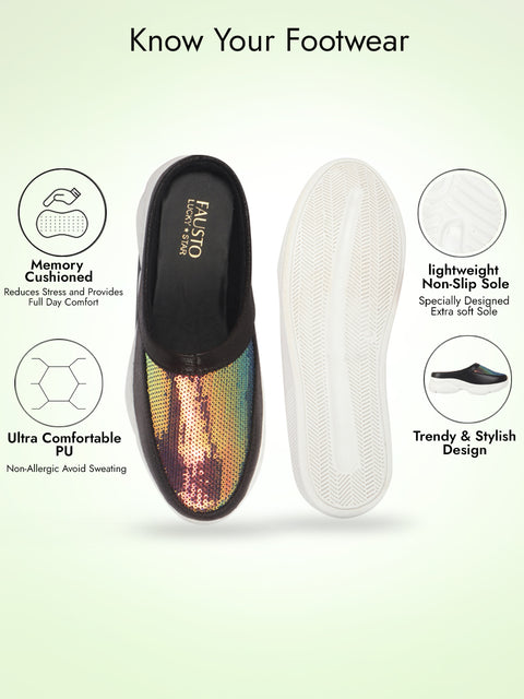 Women Black Back Open Embellished Slip On Mules