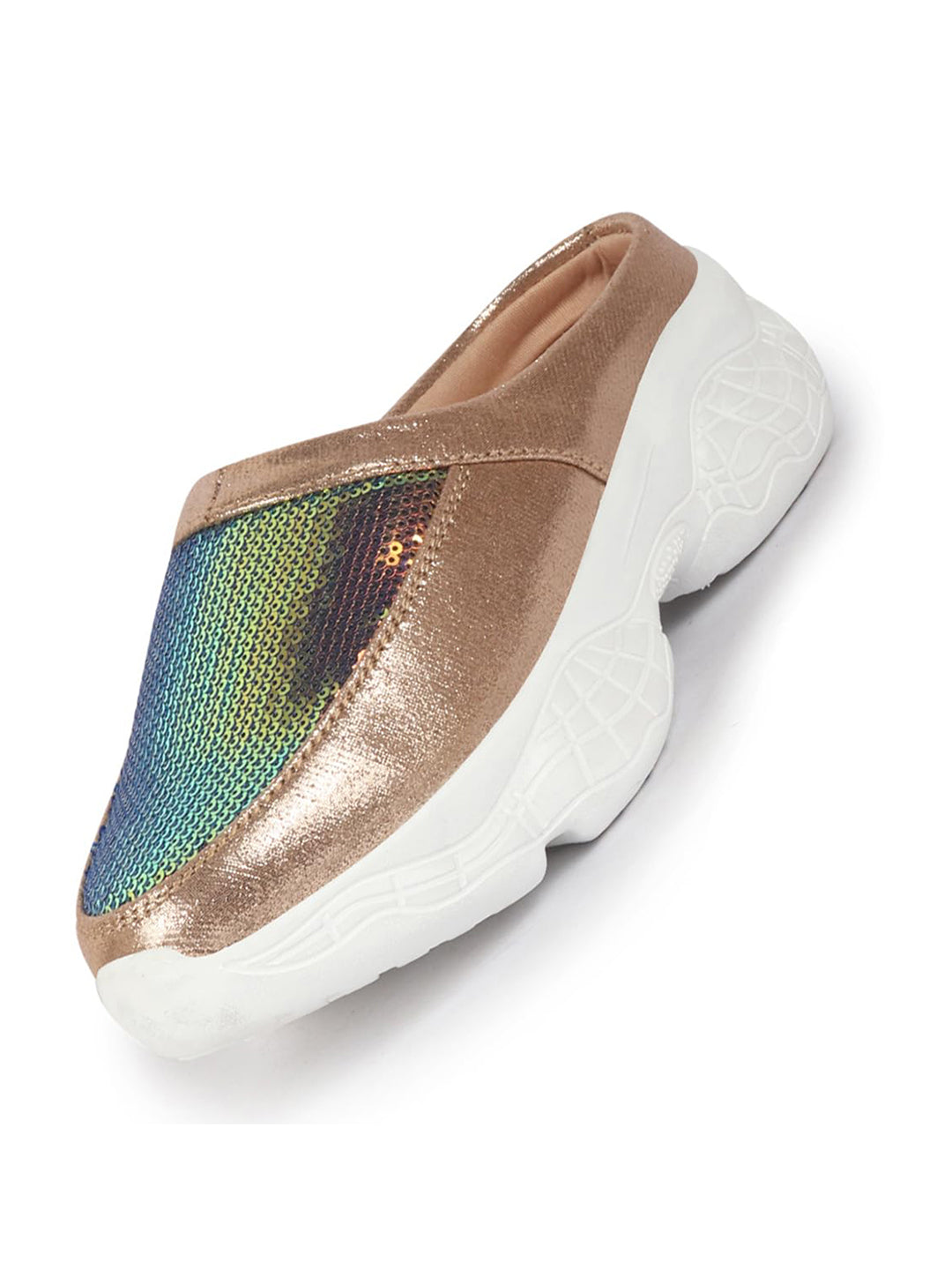 Women Golden Back Open Embellished Slip On Mules