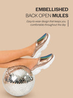 Women Golden Back Open Embellished Slip On Mules for Evening|Party Outfit|Ultra Soft Shoes with Anti Skid Sole