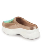 Women Golden Back Open Embellished Slip On Mules
