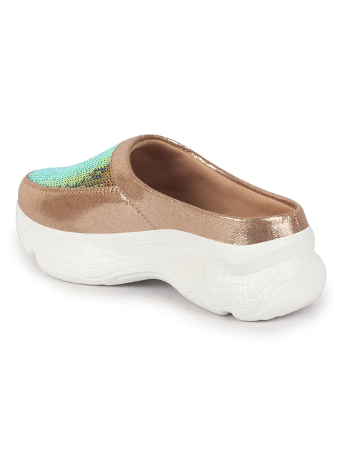 Women Golden Back Open Embellished Slip On Mules