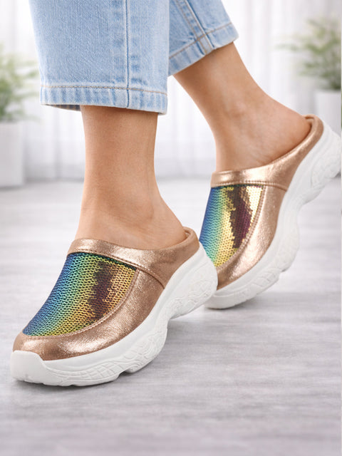 Women Golden Back Open Embellished Slip On Mules