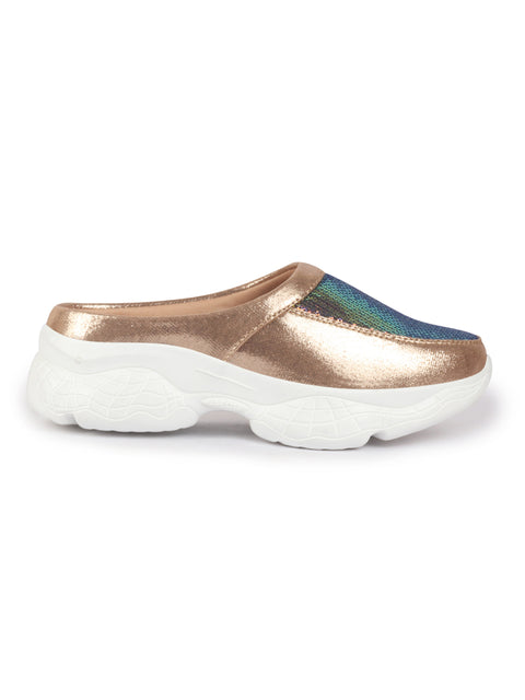 Women Golden Back Open Embellished Slip On Mules