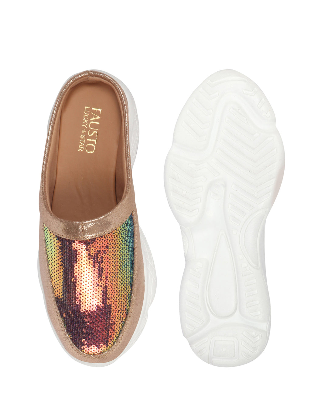 Women Golden Back Open Embellished Slip On Mules