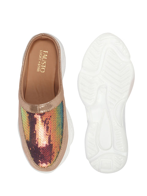 Women Golden Back Open Embellished Slip On Mules