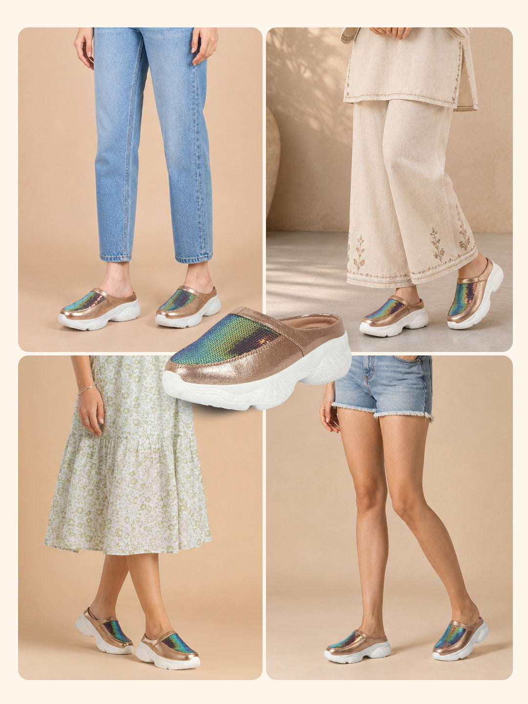 Women Golden Back Open Embellished Slip On Mules for Evening|Party Outfit|Ultra Soft Shoes with Anti Skid Sole