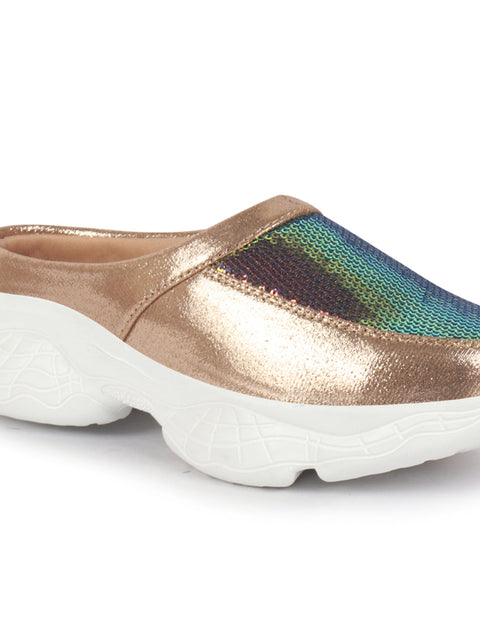 Women Golden Back Open Embellished Slip On Mules
