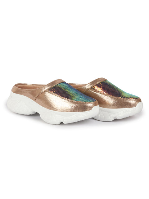 Women Golden Back Open Embellished Slip On Mules