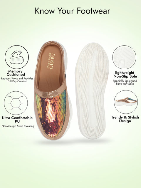 Women Golden Back Open Embellished Slip On Mules