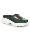 Women Green Back Open Embellished Slip On Mules