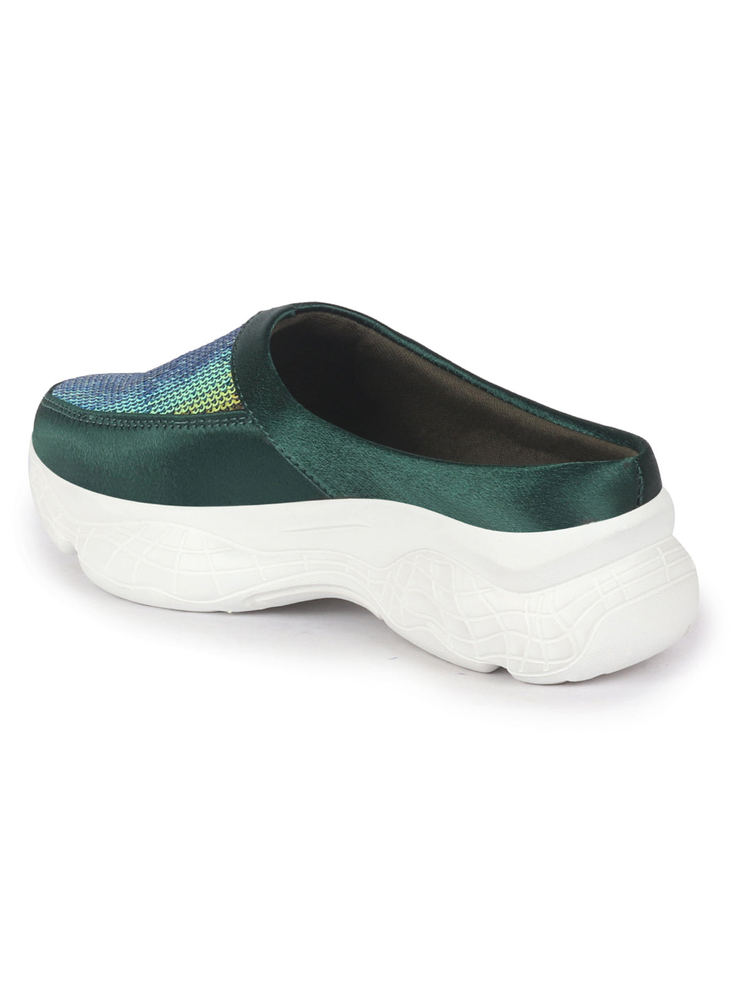 women green back open embellished slip on mules