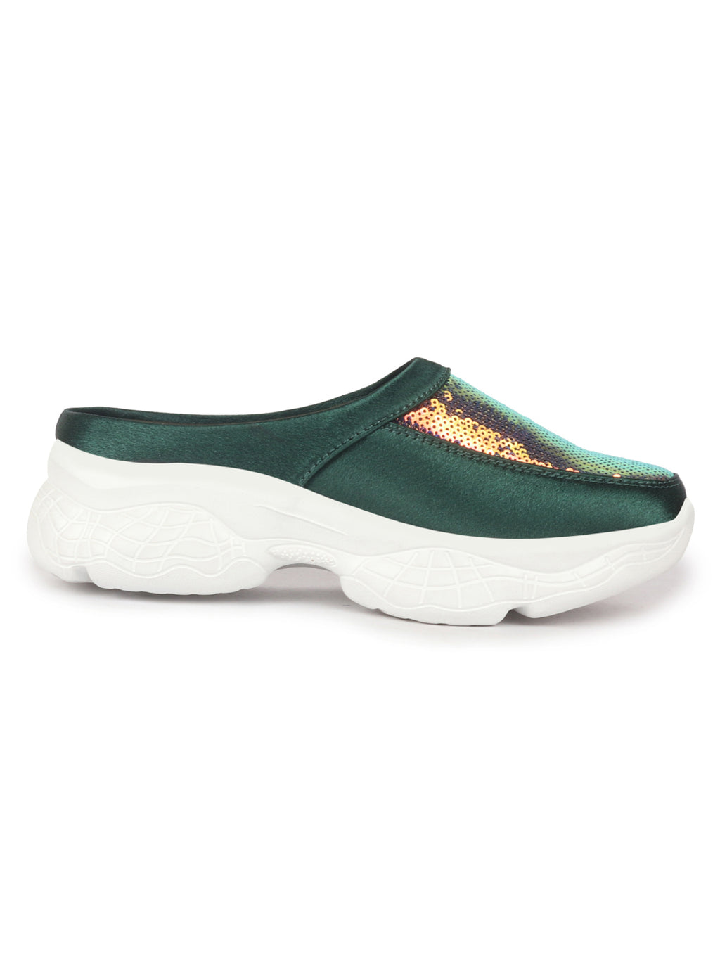 women green back open embellished slip on mules