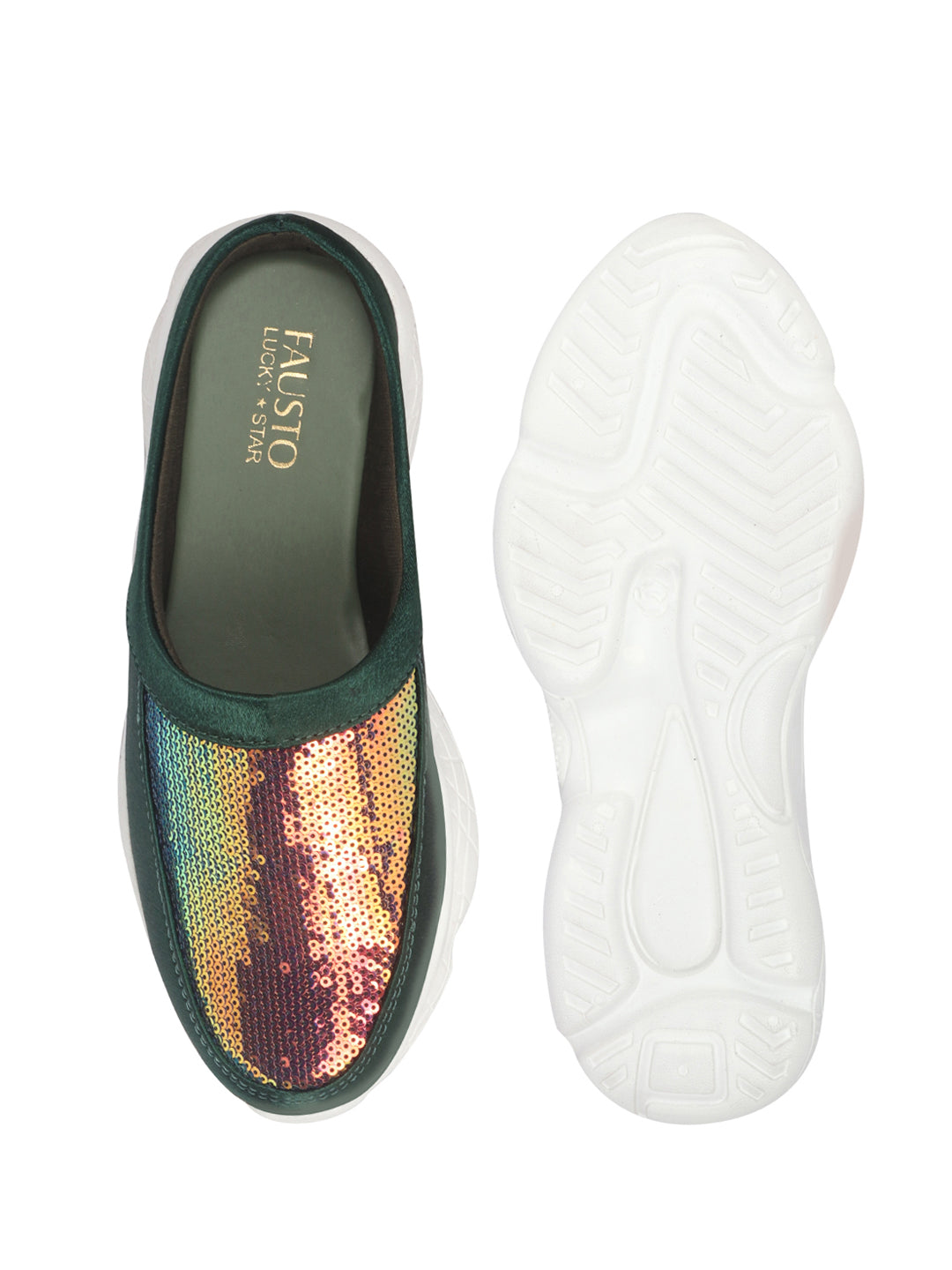 women green back open embellished slip on mules