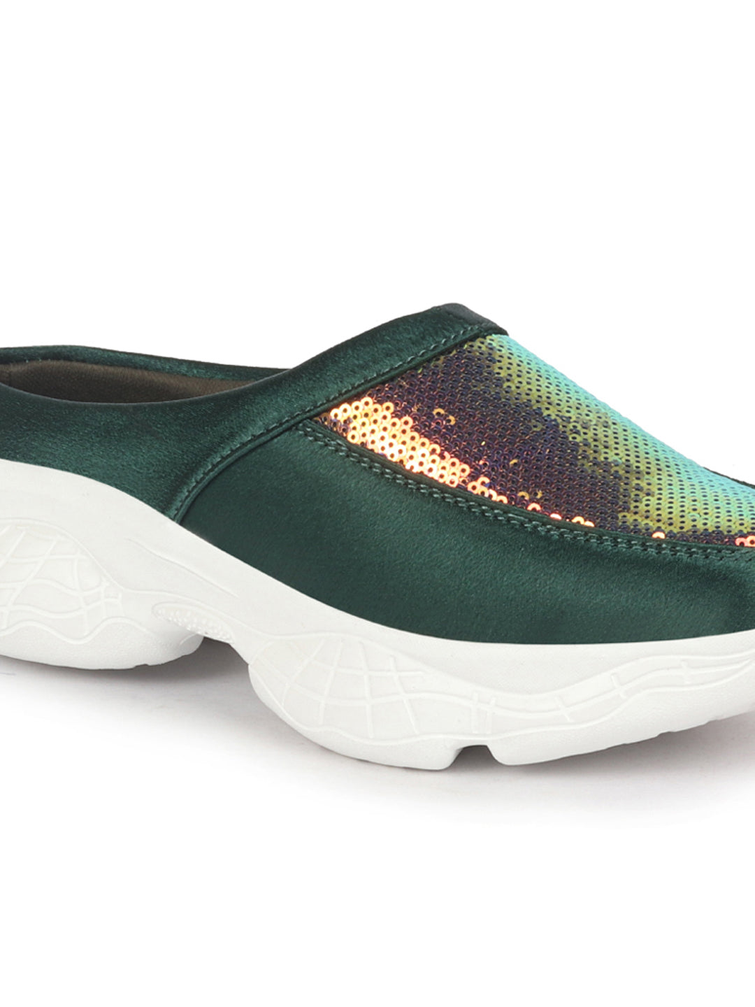 women green back open embellished slip on mules
