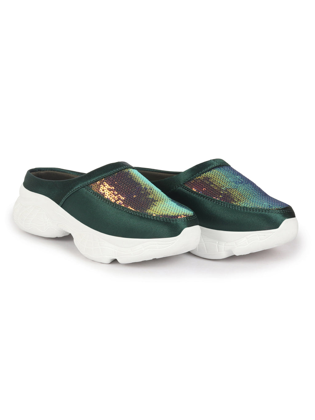 women green back open embellished slip on mules
