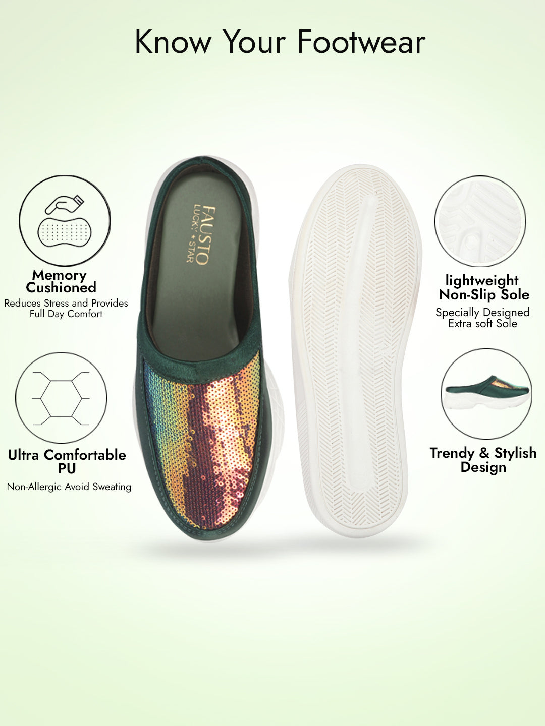 women green back open embellished slip on mules