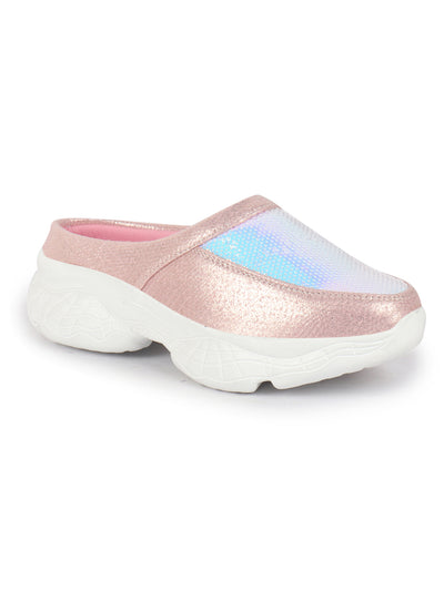 Women Pink Back Open Embellished Slip On Mules