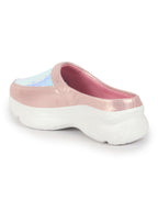 Women Pink Back Open Embellished Slip On Mules