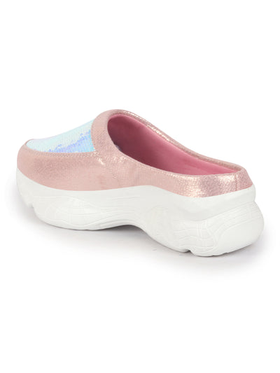 Women Pink Back Open Embellished Slip On Mules