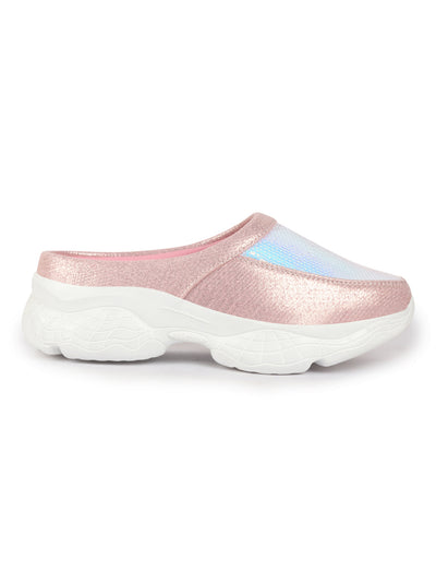 Women Pink Back Open Embellished Slip On Mules