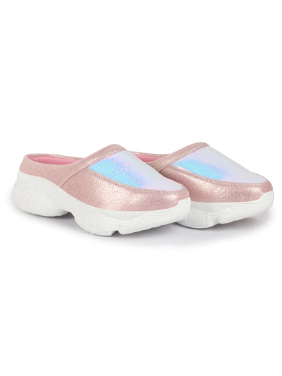 Women Pink Back Open Embellished Slip On Mules