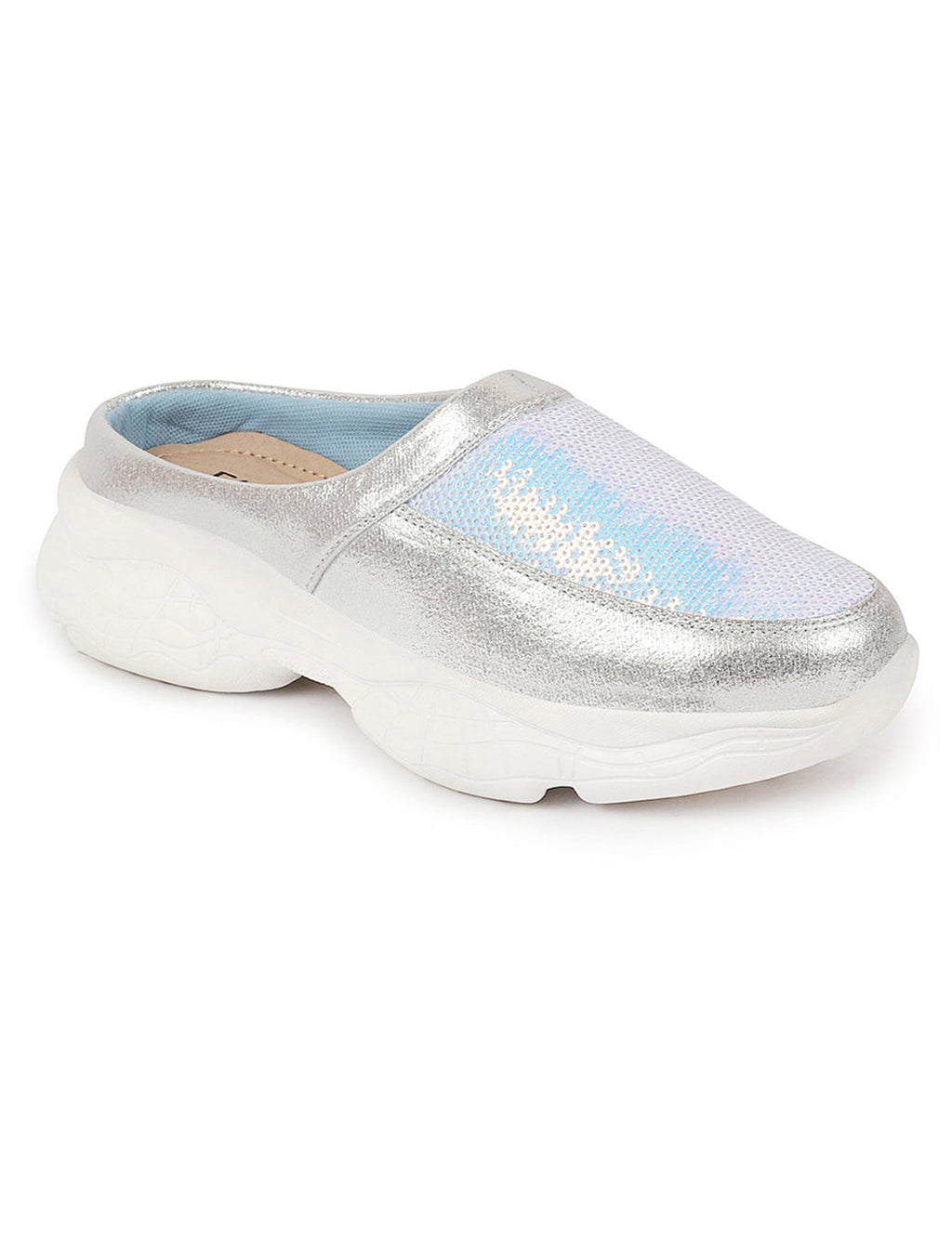 Women Silver Back Open Embellished Slip On Mules for Evening|Party Outfit|Ultra Soft Shoes with Anti Skid Sole