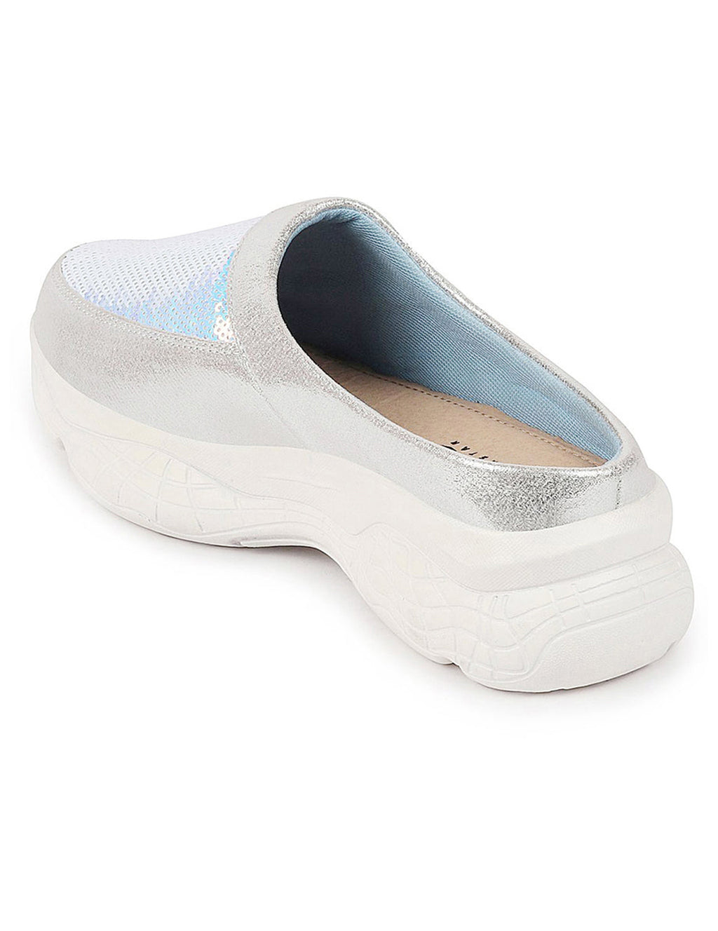 Women Silver Back Open Embellished Slip On Mules for Evening|Party Outfit|Ultra Soft Shoes with Anti Skid Sole